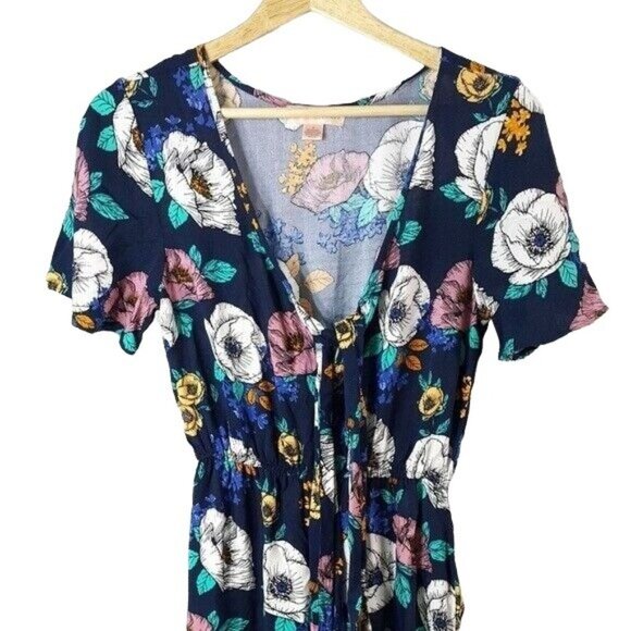 Band of Gypsies Jumpsuit Blue Small V Neck Short Sleeves Front Tie Floral Boho - Picture 2 of 7